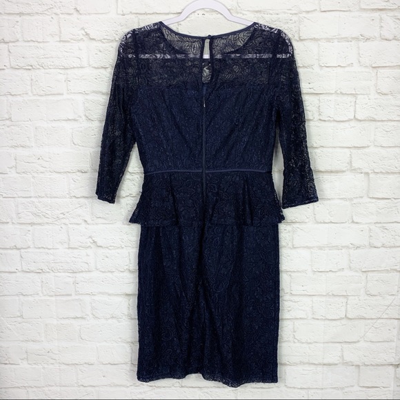 Adrianna Papell Navy Peplum Lace Silk Shift Dress - Picture 5 of 7